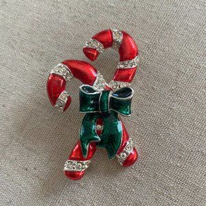 VINTAGE 1990s Silver-tone Christmas BOW Striped Peppermint Cane Brooch Pin